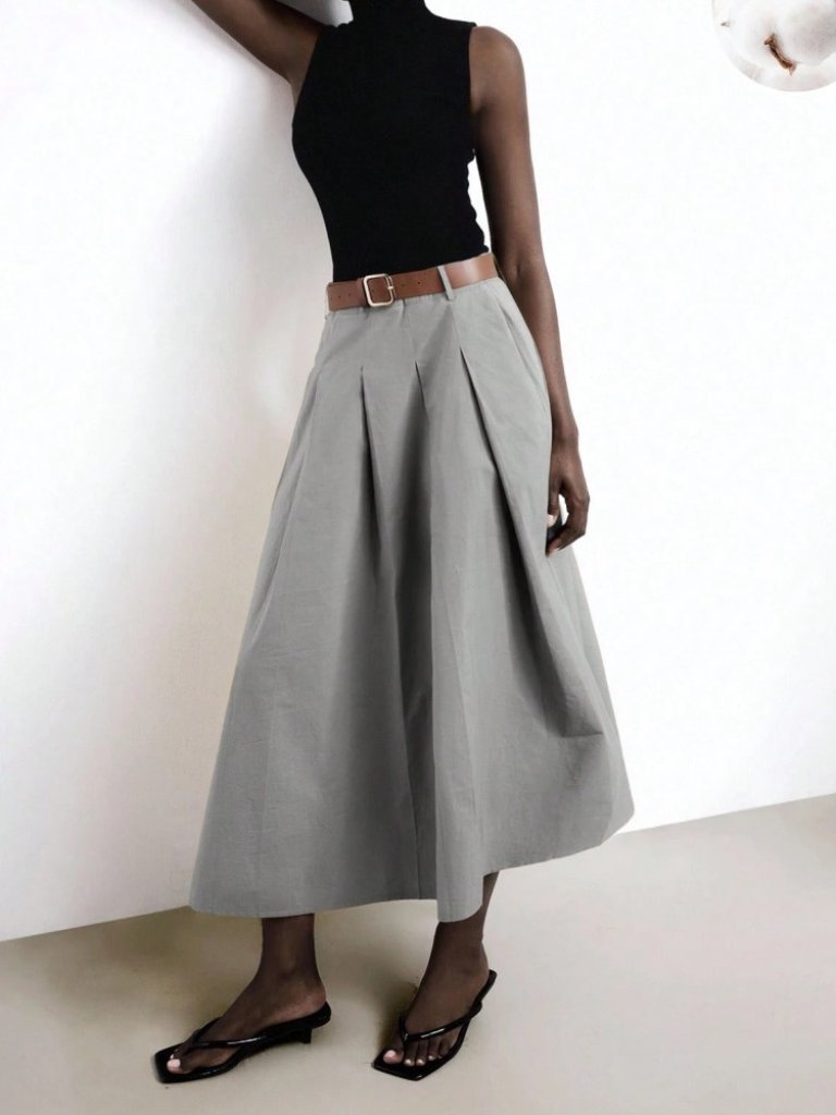 Gray Cotton Pleated Midi Skirt